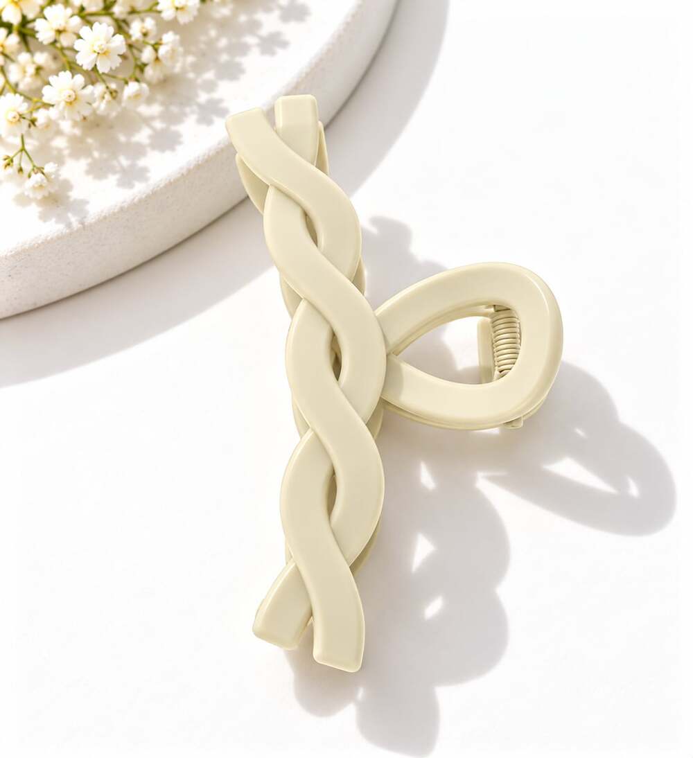 Ivory Braided Twist Hair Claw Clip Minimalist Sculptural Statement Accessory